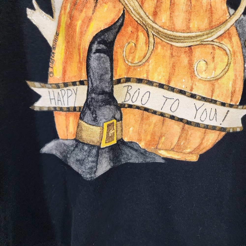 Gildan Vtg Halloween cat pumpkin ghost sparkly graphic t-shirt woman's size L - Picture 8 of 8